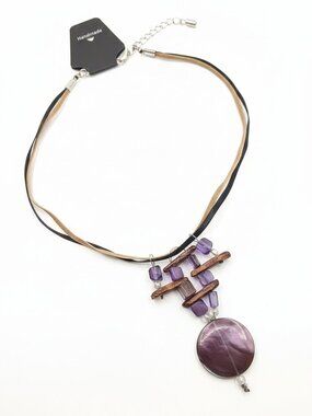CREATION - Short Necklace - Violet pendant - black & brown ribbons